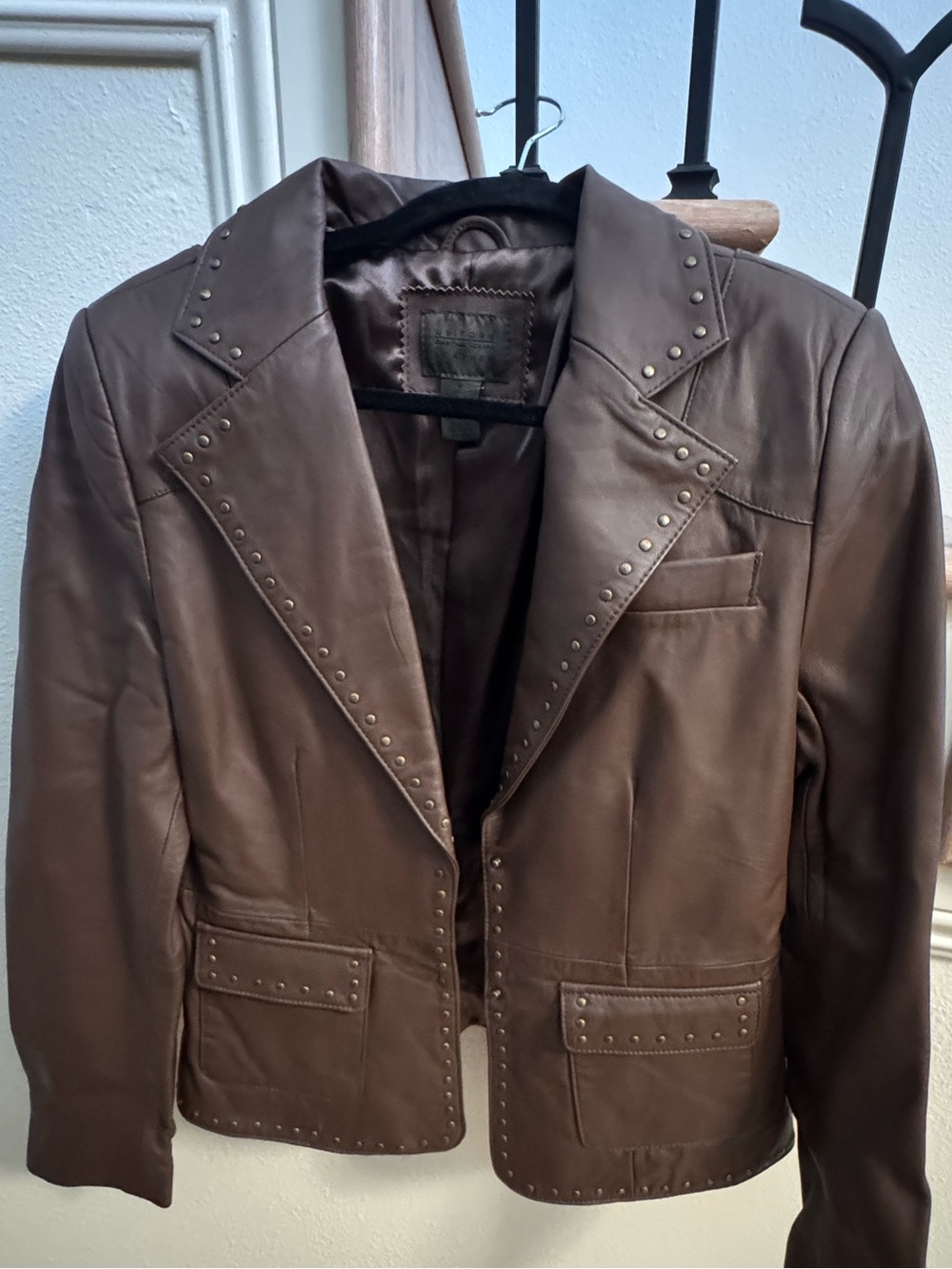 JohnPaulRichard Brown Stud-Trim Leather Bomber Jacket
